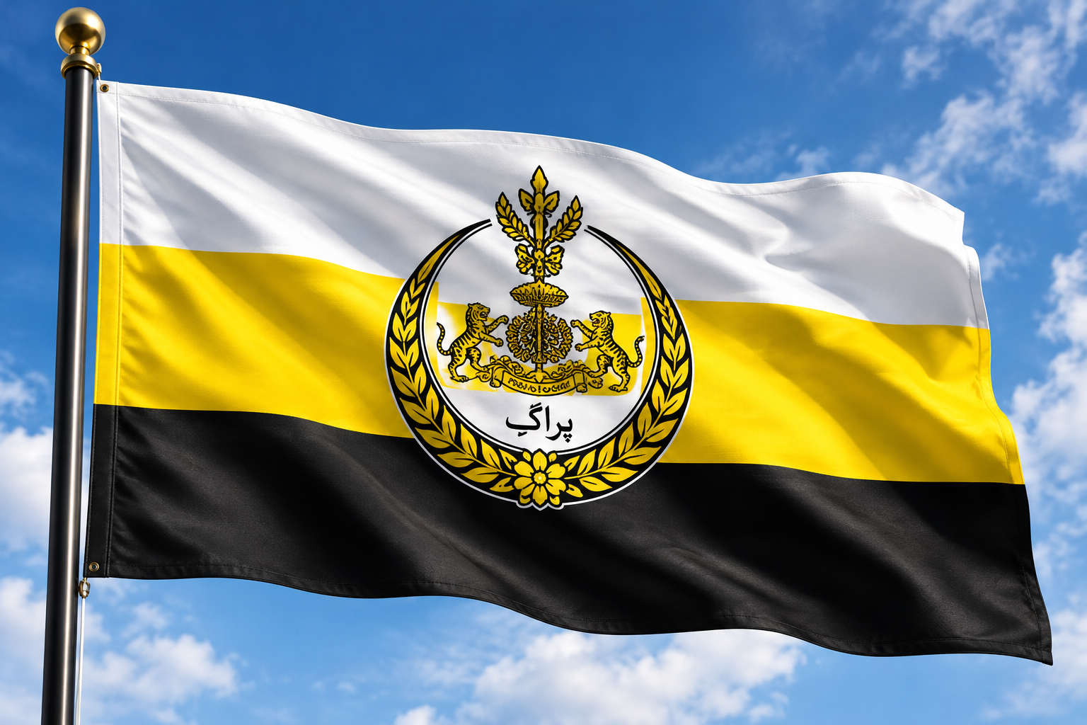 Waving Perak State Flag Under Blue Skies